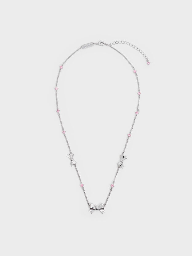 Paige Bow Crystal Necklace, Pink, hi-res