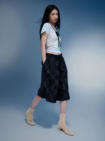 Faux Suede Stitch-Trim Heeled Ankle Boots, Sand, hi-res