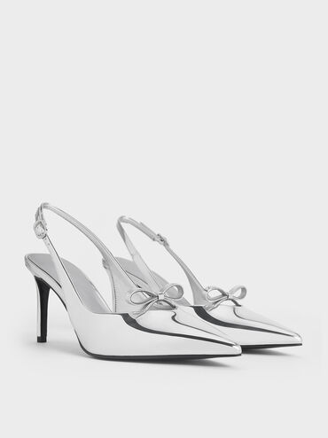 Metallic Bow Slingback Pumps, Silver, hi-res
