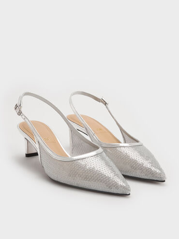 Sequin Mesh & Leather Slingback Kitten Heels, Silver, hi-res