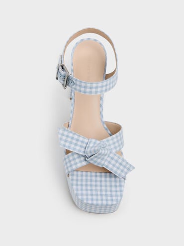 Anika Gingham Knot-Bow Platform Sandals, Light Blue, hi-res