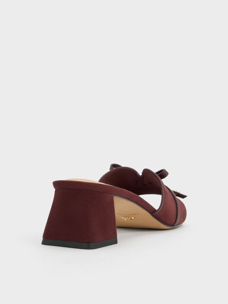 Leather & Suede Bow Heeled Mules, Burgundy, hi-res