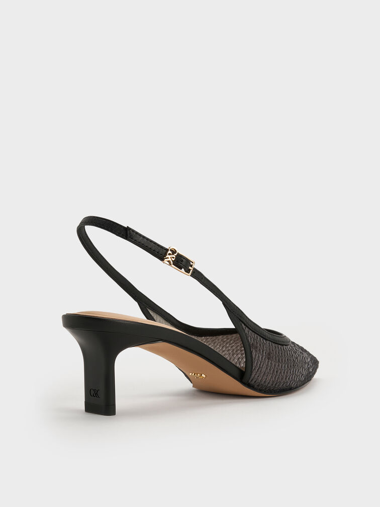 Sequin Mesh & Leather Slingback Kitten Heels, Black Textured, hi-res