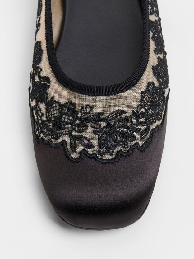 Satin Embroidered-Mesh Mary Jane Flats, Black Textured, hi-res