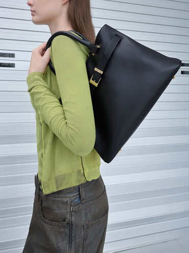 Voyager Leather Belted Trapeze Tote Bag, Black, hi-res