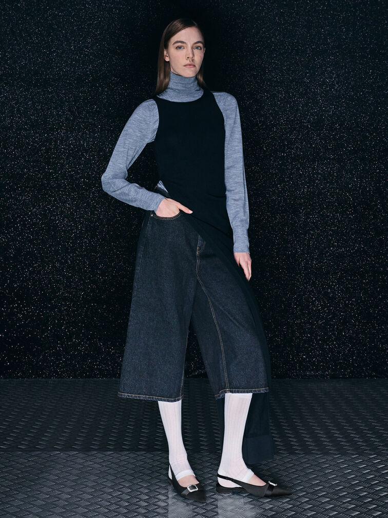 Satin Crystal-Buckle Pointed-Toe Slingback Flats, Black Textured, hi-res