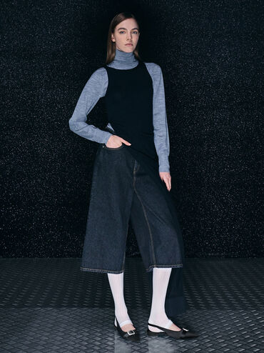 Satin Crystal-Buckle Pointed-Toe Slingback Flats, Black Textured, hi-res