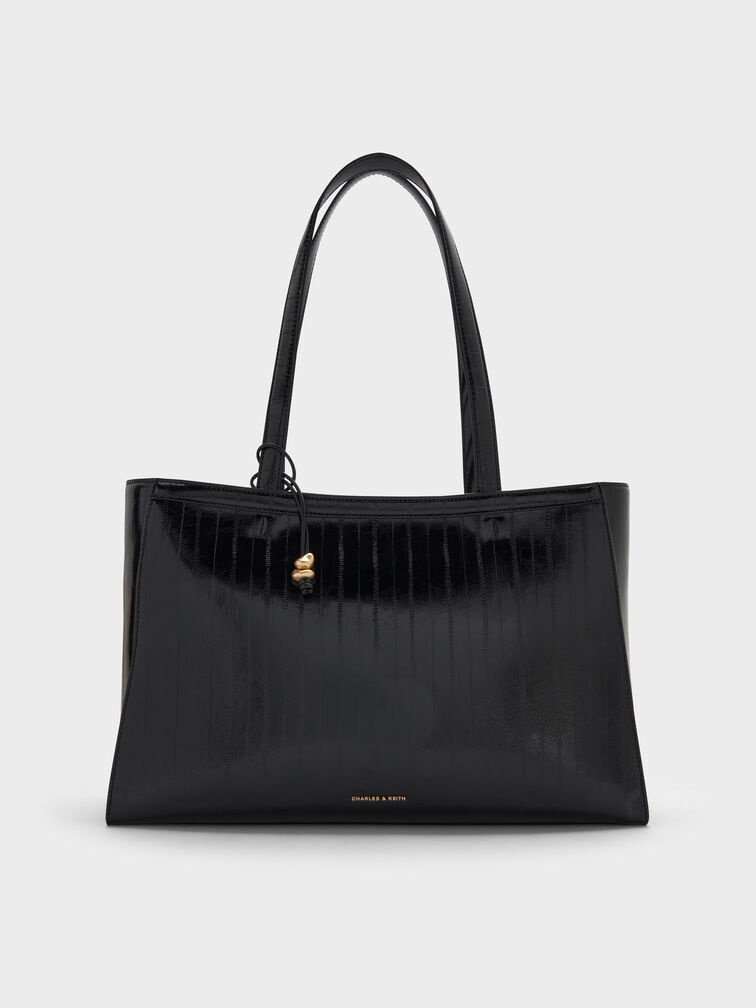 Augustine Eel-Effect Sculptural-Detail Tote Bag, Black, hi-res