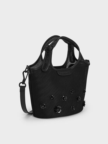 Mesh Sequin-Flower Tote Bag, Jet Black, hi-res