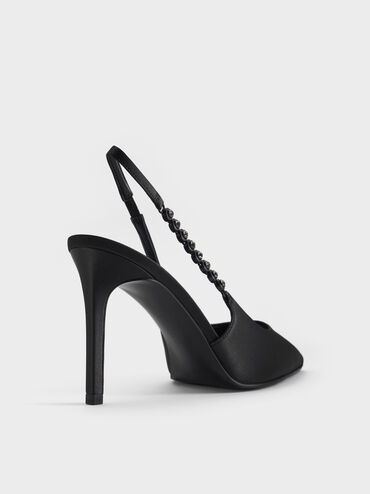Flores Recycled Polyester Gem-Strap Slingback Pumps, Black, hi-res