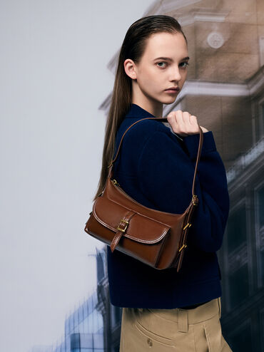 Bryna Belted Shoulder Bag, Dark Brown, hi-res