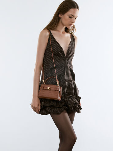 Aubrielle Croc-Effect Top Handle Bag, Chocolate Croco, hi-res