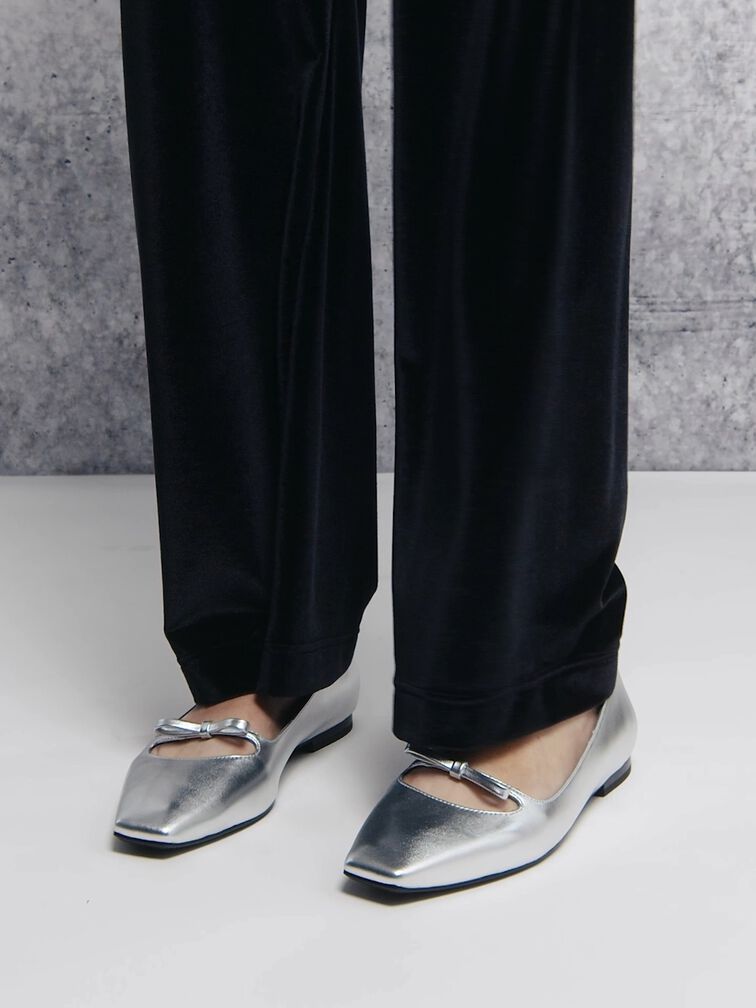 Metallic Bow Square-Toe Ballet Flats, Silver, hi-res