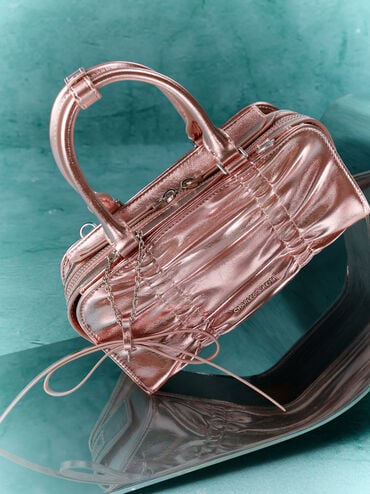 Kadee Metallic Ruched Bow-Charm Bowling Bag, Aura Pink, hi-res