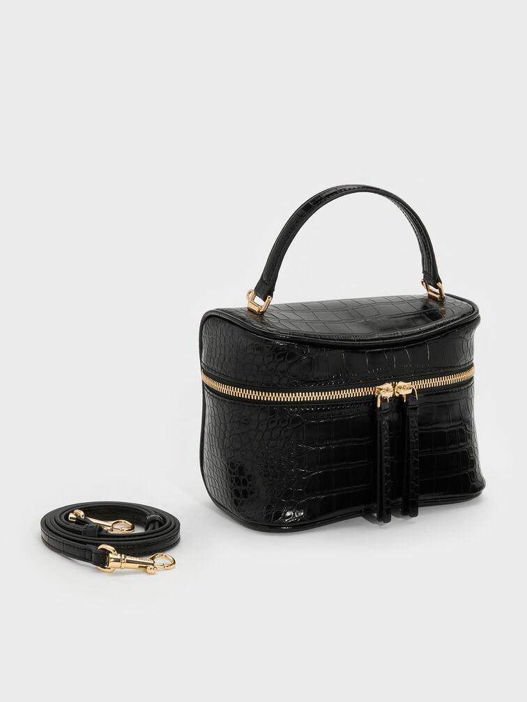 Pansy Croc-Effect Vanity Bag, Black, hi-res