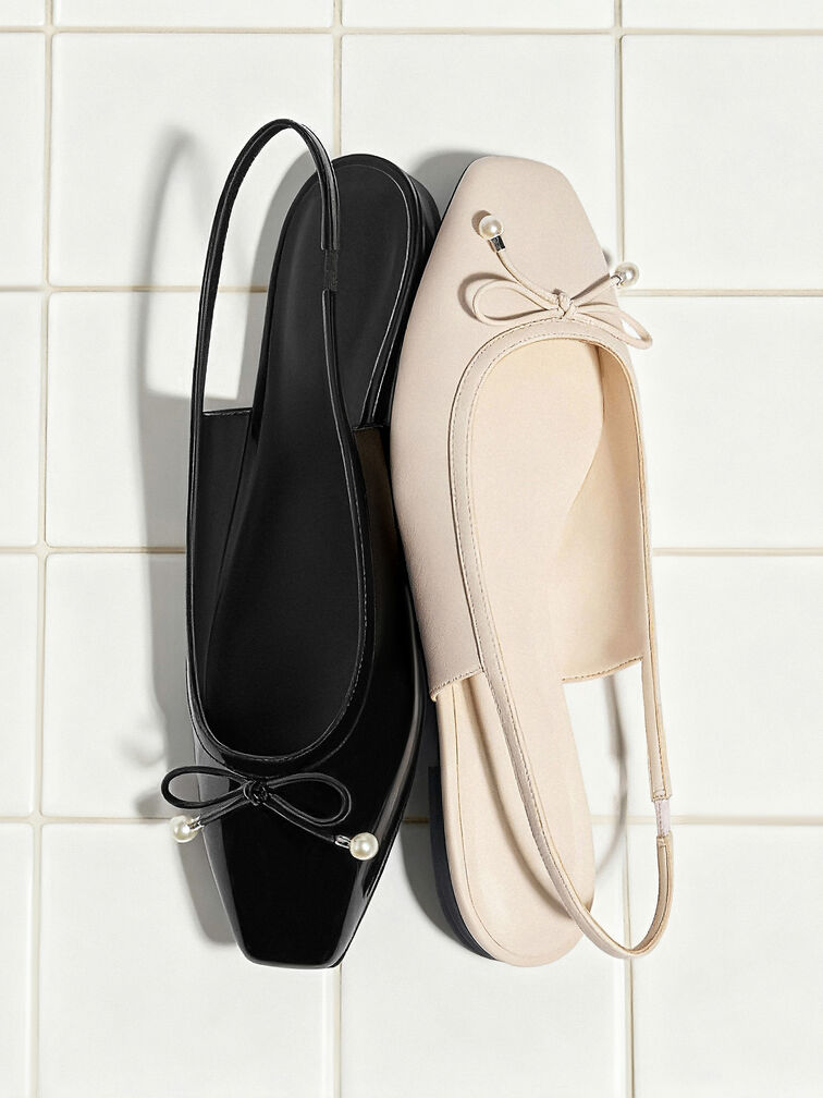 Barbara Patent Pearl-Bow Slingback Flats, Black Patent, hi-res