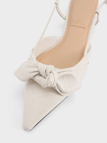 Jayce Leather Crinkle-Effect Knot-Bow Slingback Flats, White, hi-res