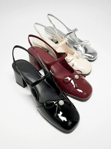 Patent Bow Crystal-Pearl Slingback Mary Jane Pumps, Burgundy, hi-res