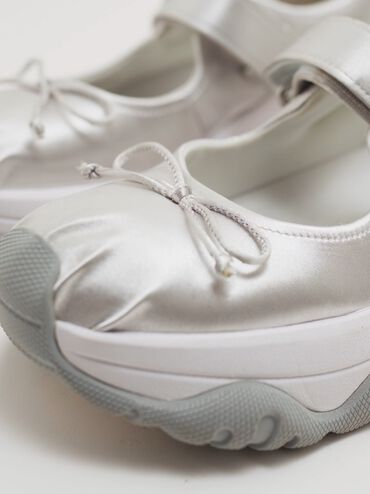 Satin Bow Two-Tone Mary Jane Sneakers, Silver, hi-res