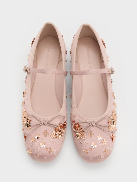 Sadira Satin Embroidered Sequinned Mary Jane Flats, Light Pink, hi-res