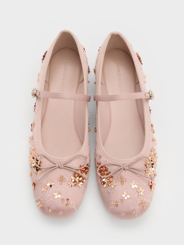 Sadira Satin Embroidered Sequinned Mary Jane Flats, Light Pink, hi-res