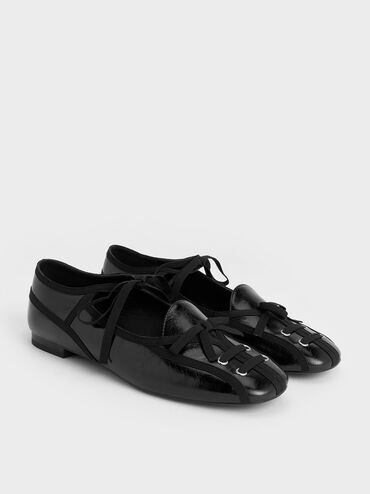 Crinkle-Effect Lace-Up Bow Ballet Flats, Black, hi-res
