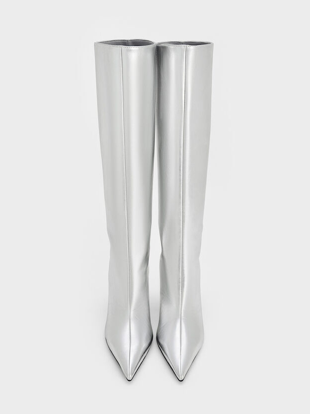 Metallic Pointed Stiletto Knee-High Boots, Silver, hi-res