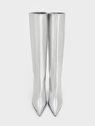 Metallic Pointed-Toe Stiletto-Heel Knee-High Boots, Silver, hi-res