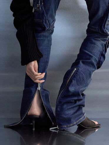 Loren Mesh Kitten-Heel Mules, Black Textured, hi-res