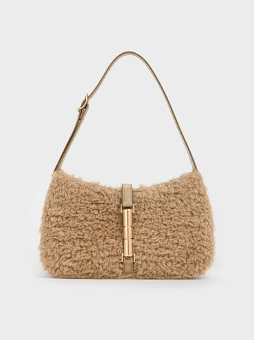 Cesia Faux Shearling Metallic-Accent Shoulder Bag, Nutmeg Beige, hi-res