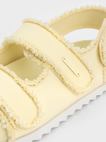 Pearl-Embellished Flatform Sandals, Butter, hi-res
