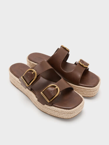 Double-Strap Espadrille Flatform Sandals, Brown, hi-res