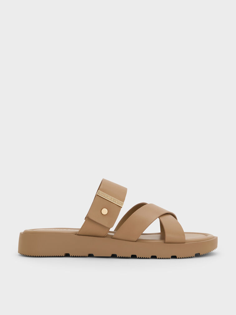 Metallic-Accent Crossover-Strap Slide Sandals, Taupe, hi-res