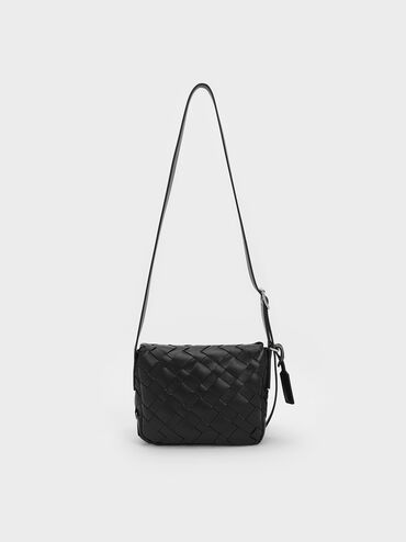 Ivette Woven Front Flap Crossbody Bag, Noir, hi-res