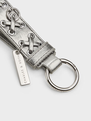 Grommet Lace-Up Bag Charm, Pewter, hi-res