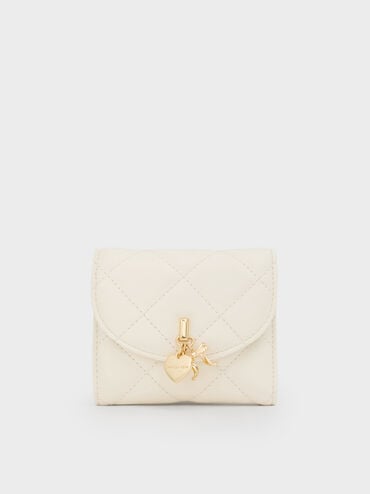 Arrietty Quilted Bow-Heart Charm Curved-Flap Wallet, Cream, hi-res