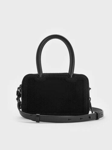 Perline Boxy Top Handle Bag With Floral Appliques, Jet Black, hi-res