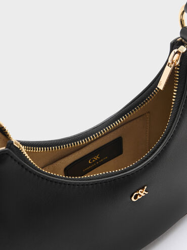 Leather Crescent Hobo Bag, Black, hi-res