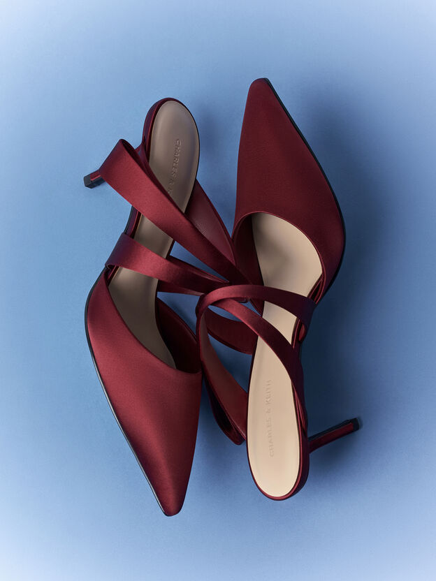 Satin Pleated-Strap Heeled Mules, Red, hi-res