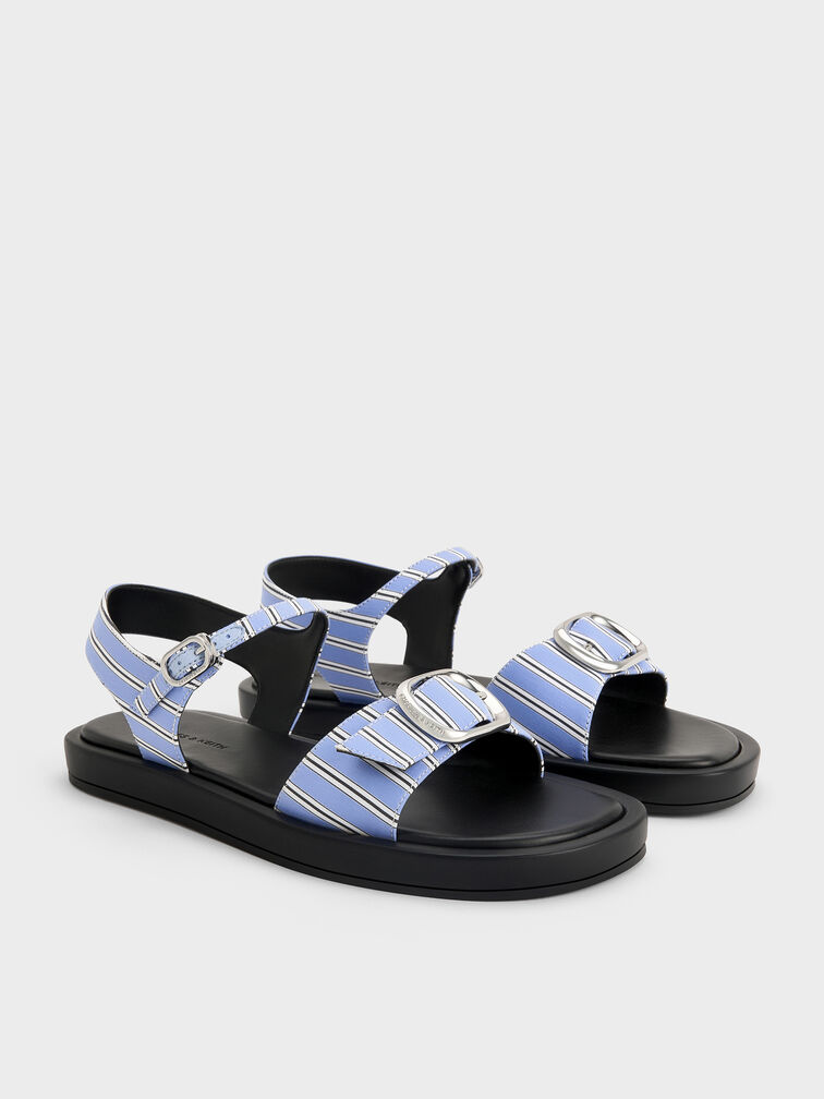 Striped Buckled Slingback Sandals, Blue, hi-res