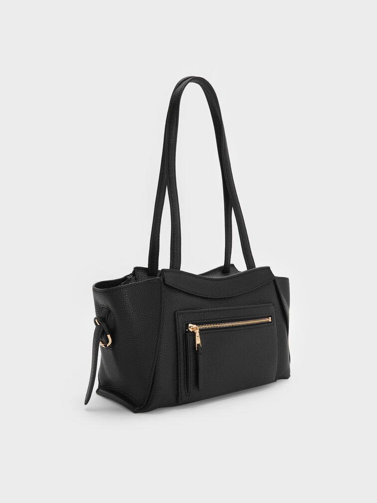 Leather Trapeze Tote Bag, Black, hi-res