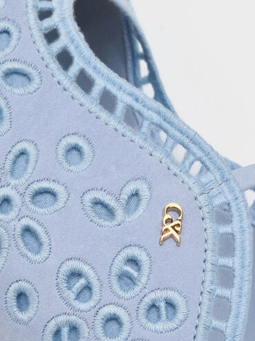 Leather Embroidered Heeled Mules, Light Blue, hi-res