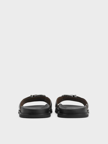 Stitch-Trim Buckled Slides, Black, hi-res