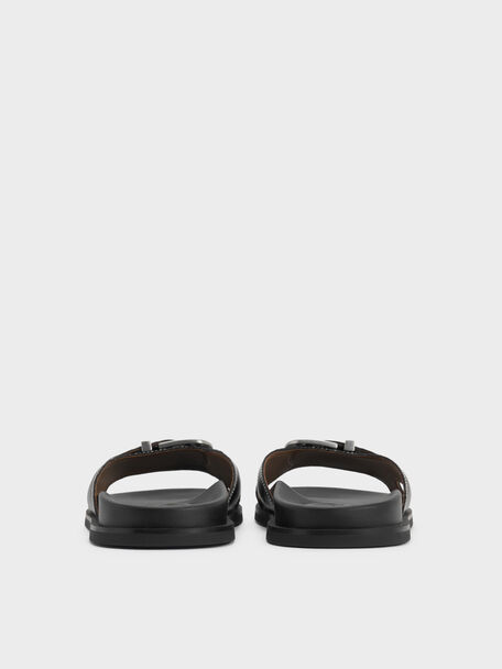 Stitch-Trim Buckled Slides, Black, hi-res