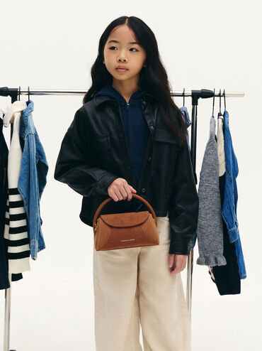 Girls' Nelly Recycled Suede & Corduroy Top Handle Bag, Brown, hi-res