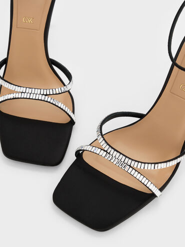 Recycled Polyester Crystal-Embellished Ankle-Strap Sandals, Black Textured, hi-res