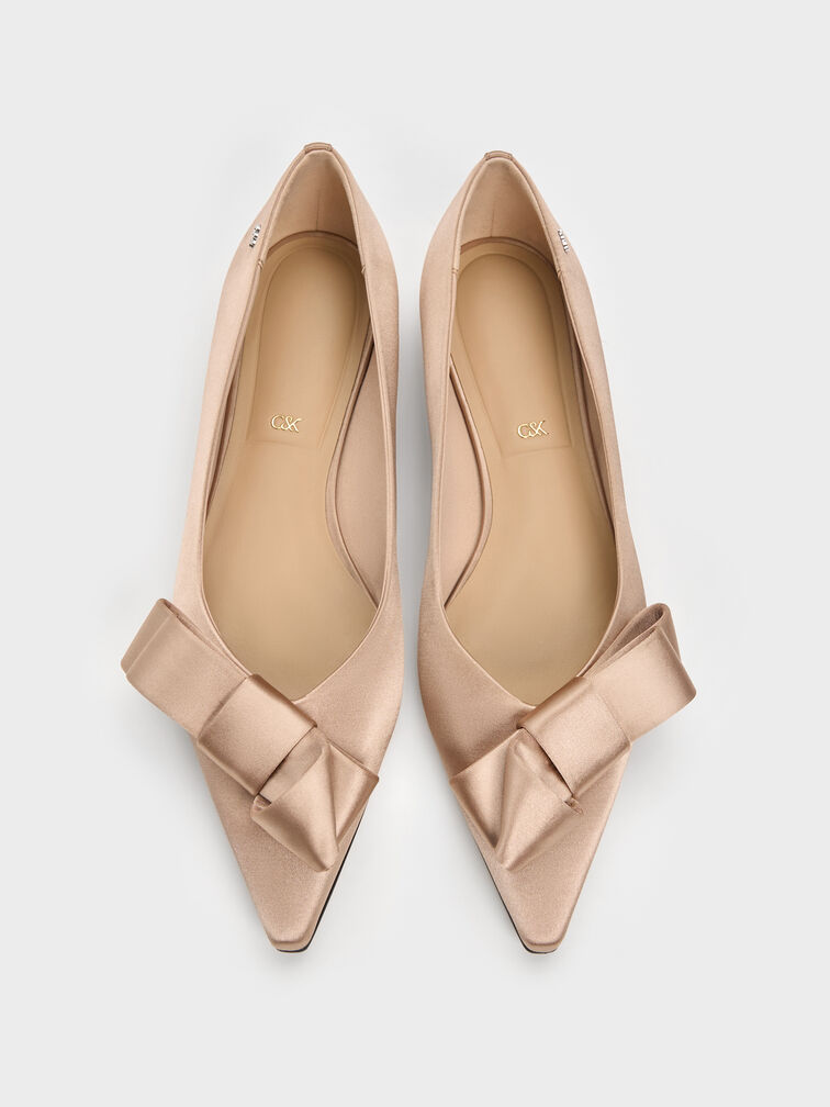 Pleated-Bow Pointed Ballet Flats, Nude, hi-res