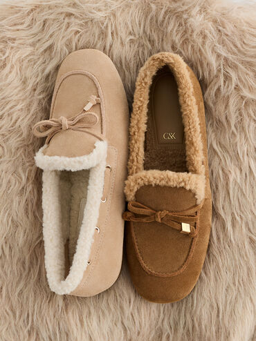 Gavyn Suede Shearling-Lined Boat Shoes, Brown, hi-res