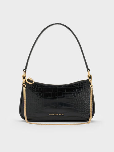 Elspeth Croc-Effect Chain-Link Shoulder Bag, Black Croco, hi-res