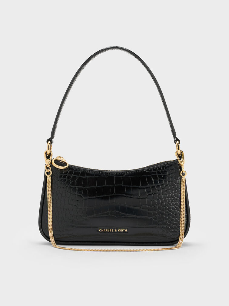 Elspeth Croc-Effect Chain-Link Shoulder Bag, Black Croco, hi-res